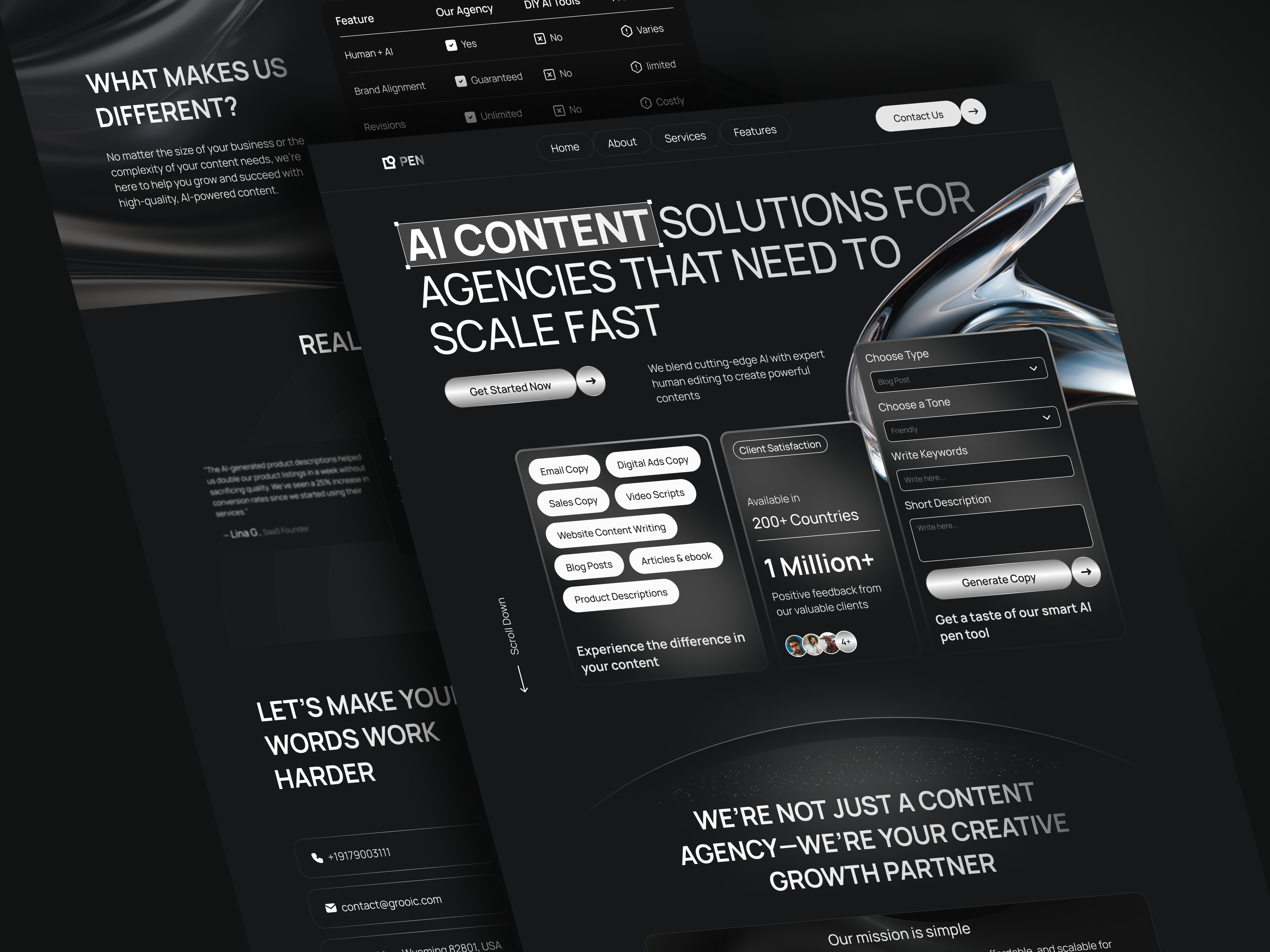 PEN — AI Content Service Landing Page ai aicontent clean contentmarketing copywriting design designinspiration homepage landing page marketing moderndesign startup ui web web design webdesign website