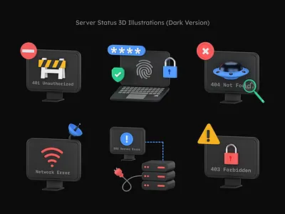 Server Status 3D Illustrations 3d 404 500 black blender blocked cloud dark disconnected error forbidden icon illustration login network server sign in status ui warning