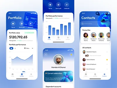 Fintech Mobile App UI/UX Design 3d birthday blue contacts fintech gift investment mobile money portfolio present stats