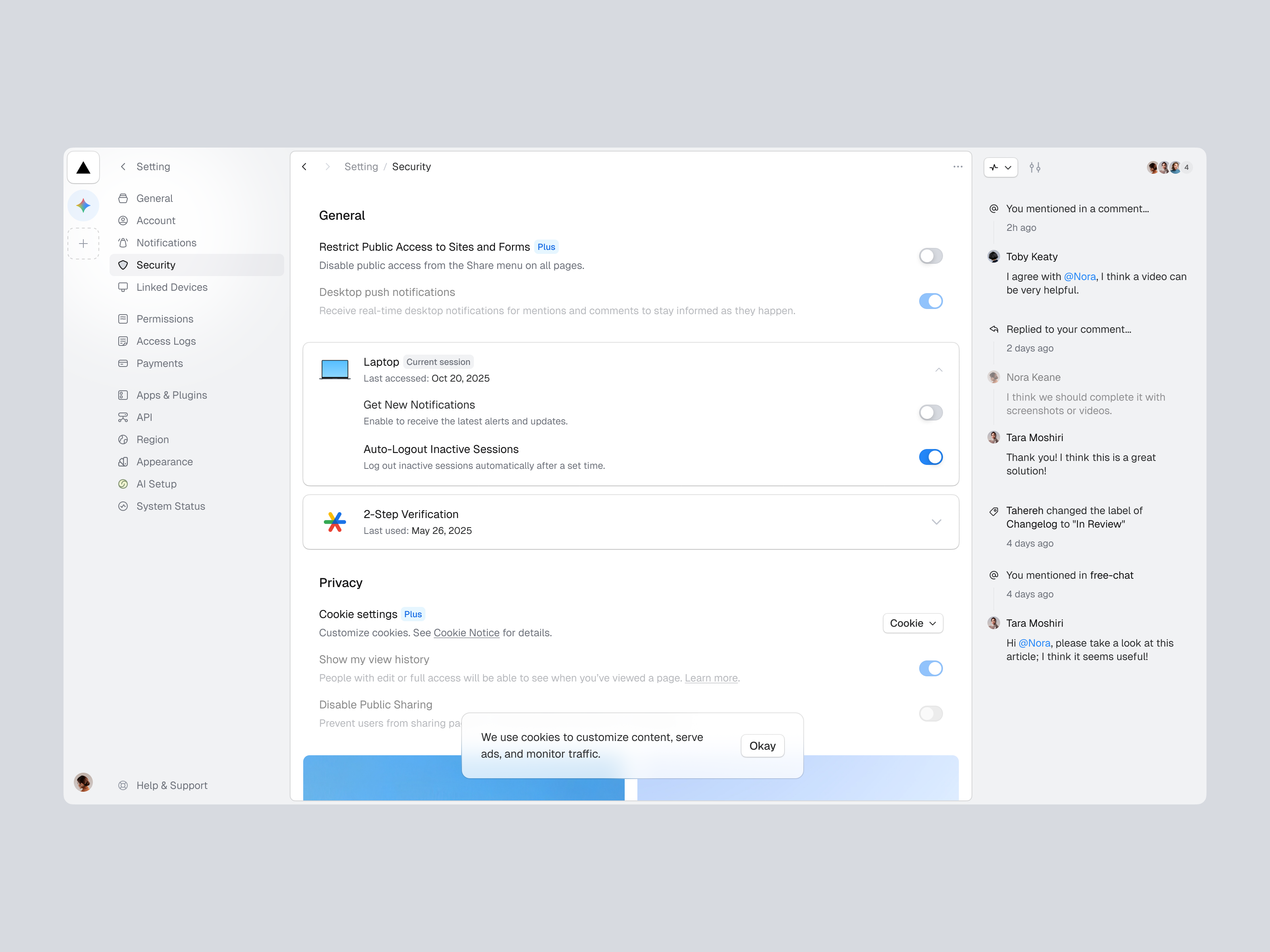 Dashboard UI: Security Settings avatar button component dashboard design system dialog figma gray hr management platform message notifications saas security setting setting ui sidebar toggle switch ui ux web app web design