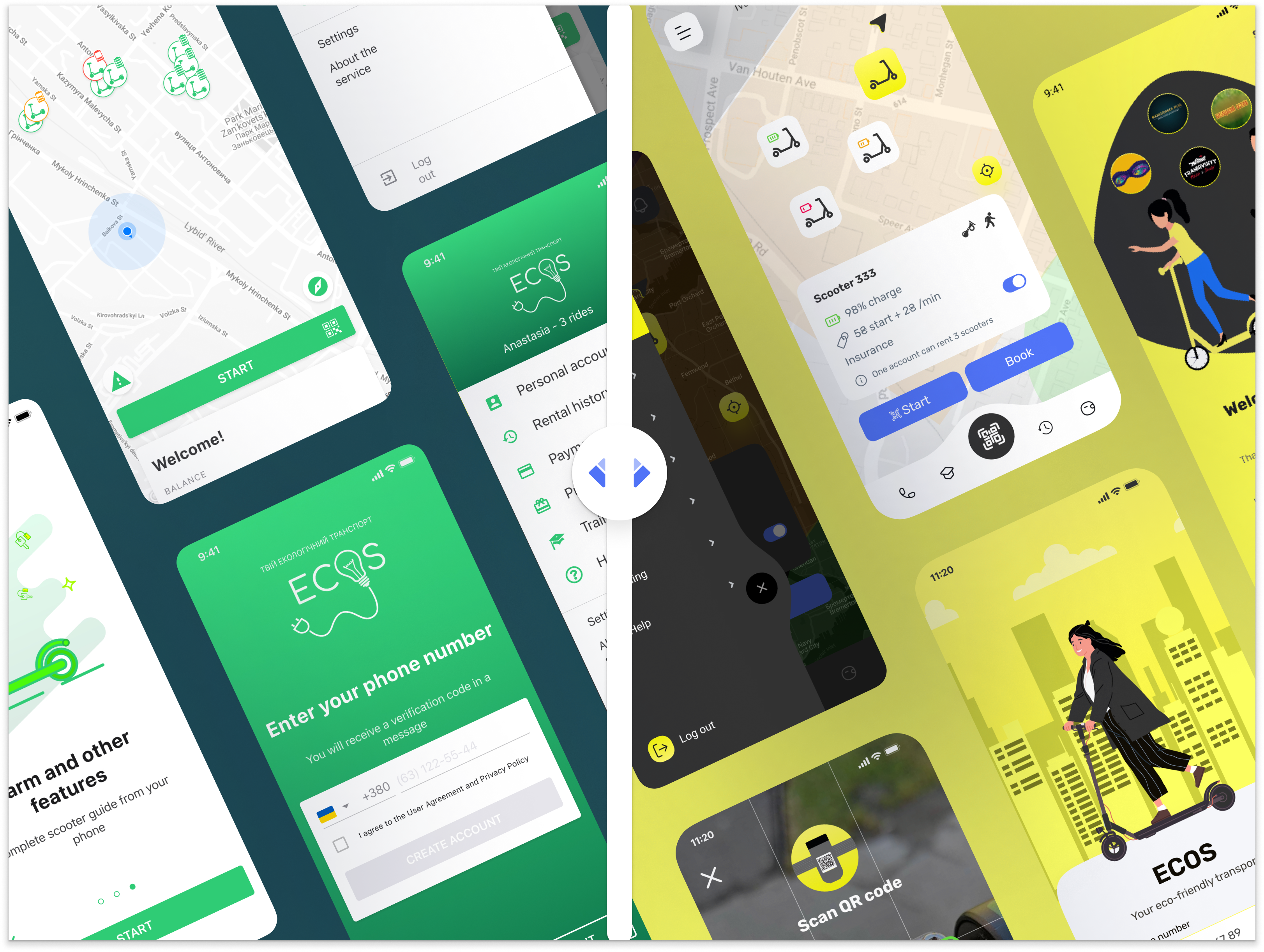 Mobile App Design UI/UX Ecos - Scooter Sharing Redesign booking flow e scooter app figma iosapp location based app map minimal app design mobile app design mobility app qr code unlock rental app ui scooter app transport app ui uiuxdesign