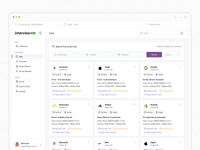 Interview Job Opportunities Explorer SaaS app design ats candidate management clean design dashboard design hr hr saas interview mafruh minimal design pwa design saas saas design saasfactor sohag tool ui user experience ux web design