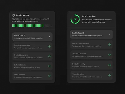 Security settings — UI Stepper app clean design green progress bar security stepper ui