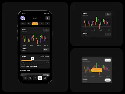 Dark Mode Weight Tracker UI – Health Goals & Progress dark mode ui fitness app fitness goals goal tracking health app health tracking ios app minimal ui mobile app design mobile chart progress tracker ui ux ux design weight tracker