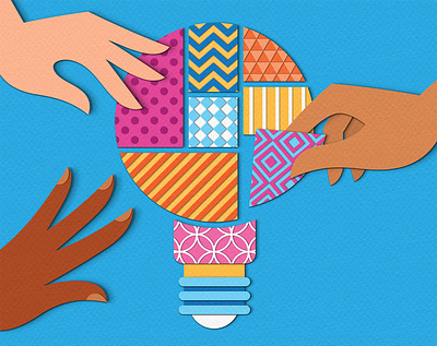 IEEE Spectrum - DEI collaboration dei design diversity editorial equity hands illustration inclusion lightbulb magazine paper craft patterns people puzzle