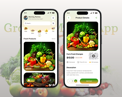 Grocery Mobile App Design ai app cart ui checkout flow ecommerce app food grocery app ios x minimal design mobile app modern ui offer banner online shopping product details product page retail app shopping app smart buy super shop uidesign uiux