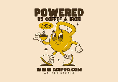 Retro kettlebell mascot character energy