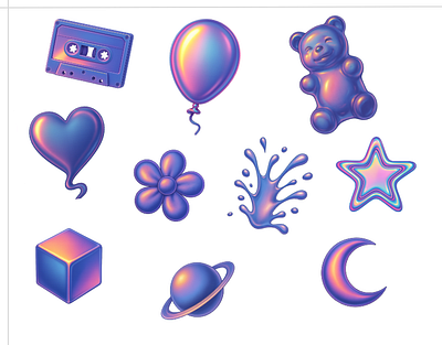 Y2K Iridescent 3D Aesthetic Vector 3d 3d illustration 3d object 3d retro 3d soft render 3d vector 3d vintage animation blender digital art digital illustration holographic illustration iridescent retro vintage sticker 3d vaporwave vector 3d y2k