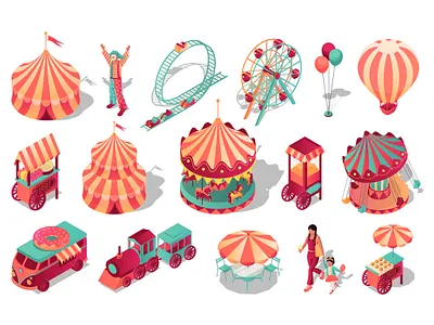 Amusement Park Isometric Set 3d amusement assets attraction bundle carousel circus collection elements graphic design illustration isometric isometry park rollercoaster set street tent vector web