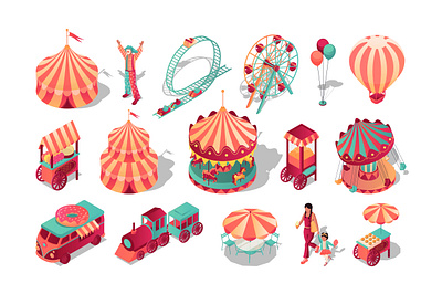 Amusement Park Isometric Set 3d amusement assets attraction bundle carousel circus collection elements graphic design illustration isometric isometry park rollercoaster set street tent vector web