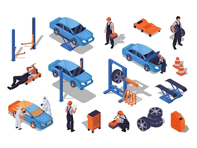 Auto Service Isometric Elements 3d assets auto bundle car collection diagnostics elements graphic design illustration isometric isometry mechanic people repair service set station vector web