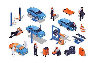 Auto Service Isometric Elements 3d assets auto bundle car collection diagnostics elements graphic design illustration isometric isometry mechanic people repair service set station vector web