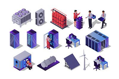 Data Center Isometric Elements 3d center cloud computing data database datacenter graphic design hosting illustration isometric isometry maintenance people rack room security server vector web