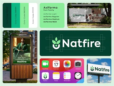 Natfire Brand Identity Design | minimalist Sustainable Branding axiforma font usage brand identity design branding circular economy visua eco conscious branding eco friendly logo environmental branding ethical business identity green brand identity green color palette logo logo design minimalist logo design modern furniture logo modern typography design nature inspired design organic brand concept plant based logo icon recycled material aesthetic sustainable branding