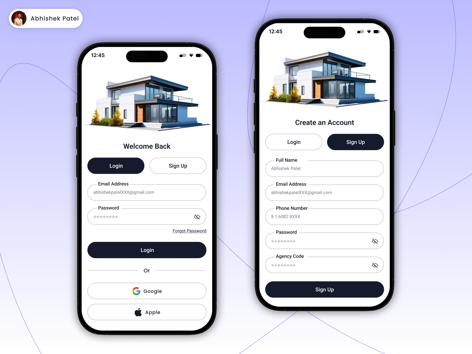 Real Estate App – Clean Login & Sign Up UI app design clean design dark theme ui design inspiration figma design login screen login ui minimal ui mobile app modern ui onboarding property app real estate app real estate ui registration ui signup screen ui design user experience user interface ux design