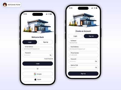 Real Estate App – Clean Login & Sign Up UI app design clean design dark theme ui design inspiration figma design login screen login ui minimal ui mobile app modern ui onboarding property app real estate app real estate ui registration ui signup screen ui design user experience user interface ux design