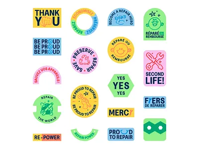 Eco-Friendly Messaging: Repair & Reuse Badges badges branding cheerful colorful colorful design emblems english french graphic design icons playful reduse reuse second life typo typographic design typography