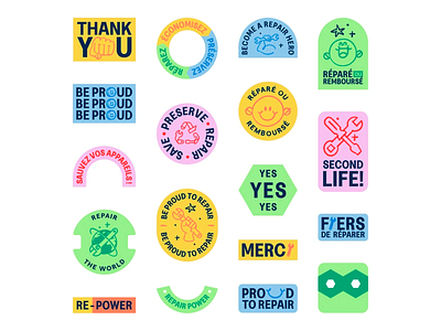 Eco-Friendly Messaging: Repair & Reuse Badges badges branding cheerful colorful colorful design emblems english french graphic design icons playful reduse reuse second life typo typographic design typography