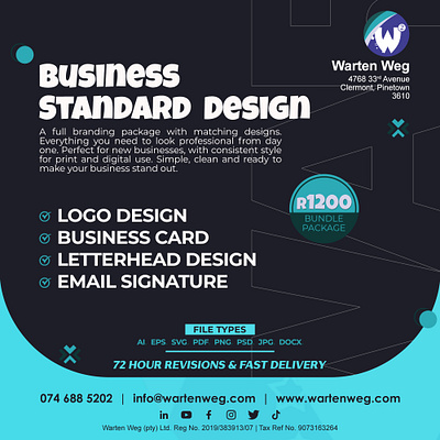 Boost Your Brand with Our STANDARD PACKAGE branding custom logo design design eye catching flyer design graphic graphic design illustration logo logo design pinetown professional letterhead sleek business card ui warten weg