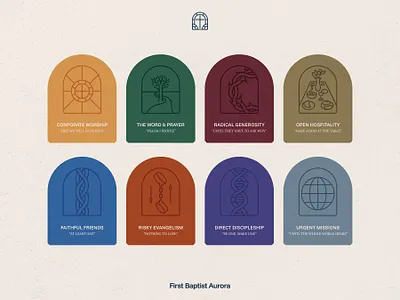Church Core Values Pictograms for First Baptist Aurora baptist branding christian church church branding church colors color palette cross logo icons identity illustration logo worship