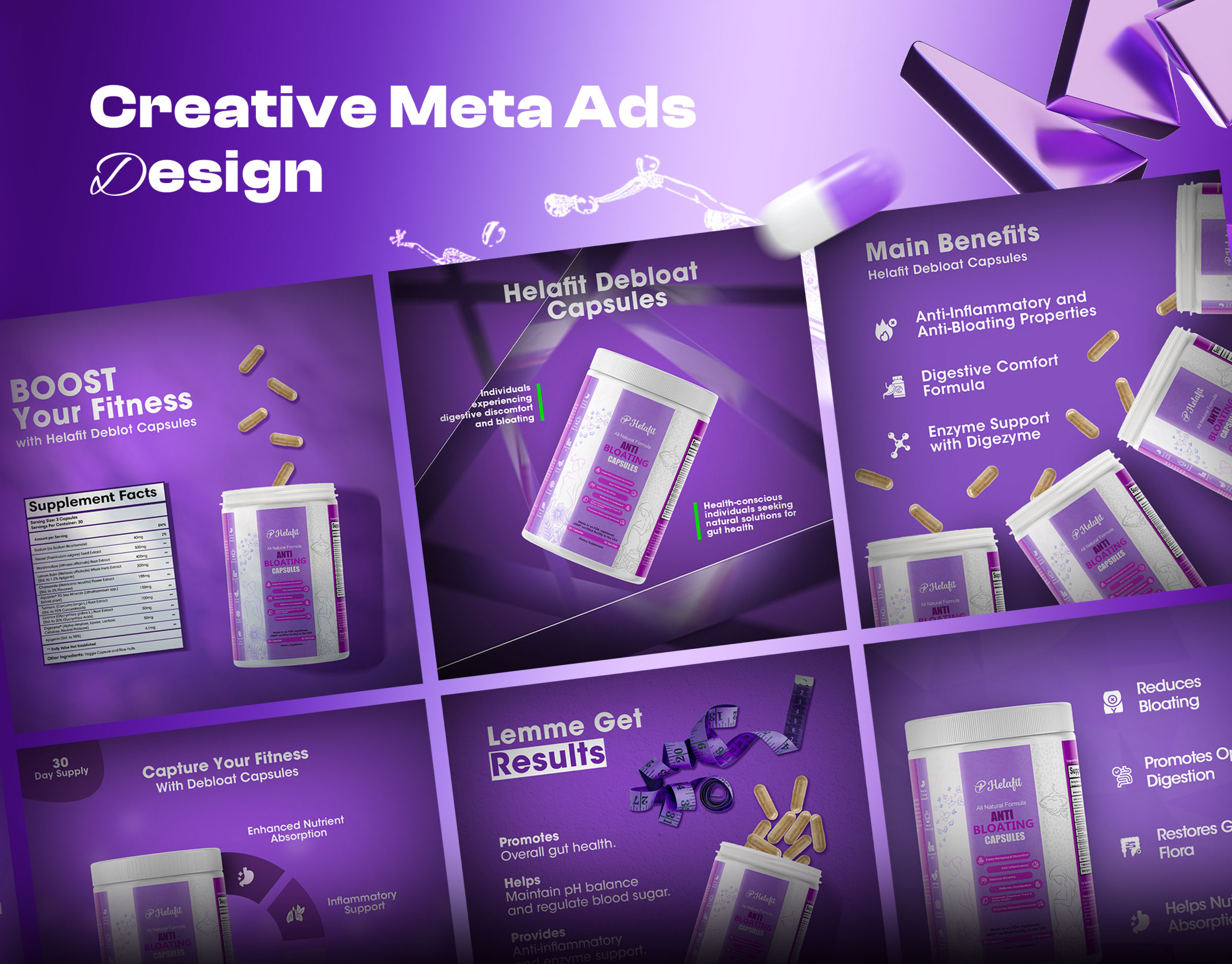 Meta Ads Creatives | Anti-Bloating Capsules ads design amazon listing imeg branding google ads design graphic design meta ads design product manipulation social media post design