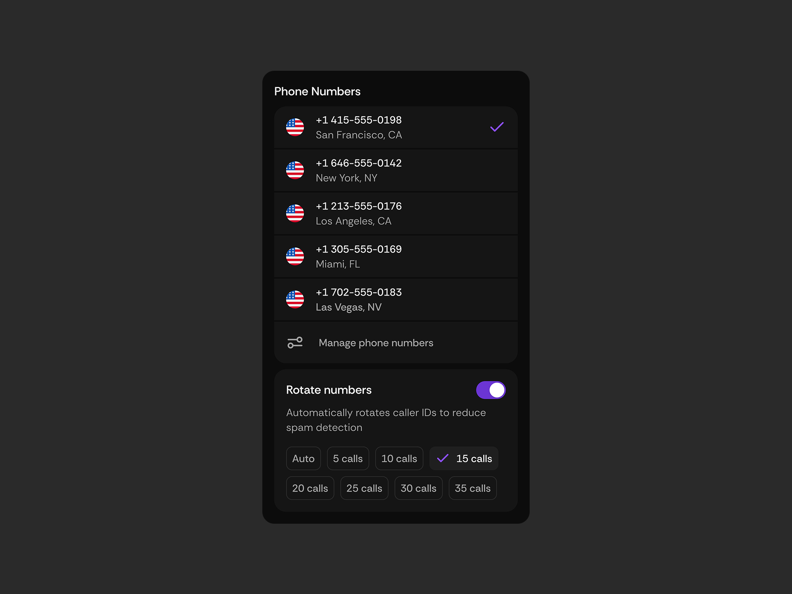 Phone Number Selector & Auto Rotation Dropdown cold call dark mode design dialer soft theme ui user experience user interface design ux