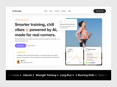 Runmate - AI Running Coach Header ai ai coach clean fitness header health landing page running sport statistics ui ui illustrationm ui ux ux web design web designm xenity xenity ui