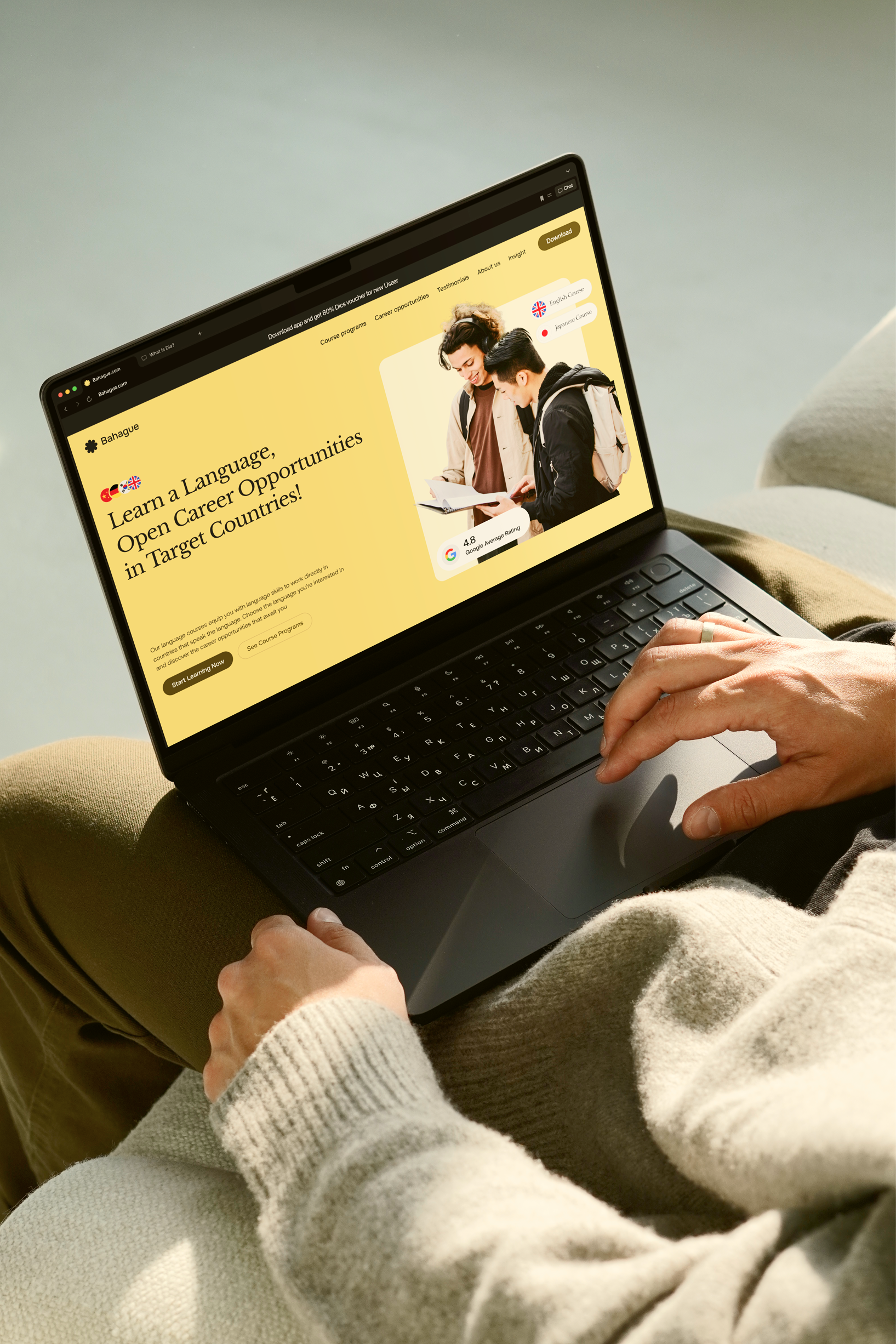 Bahague - Language course company company profile compro course design education hero japan landing page language minimalist section study ui warm web web design website website design yellow