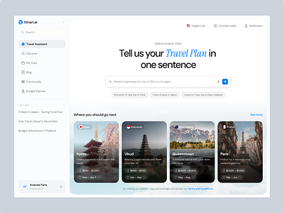 AI Travel Planner Dashboard ai assistant ai travel artificial intelligence chat clean dashboard itinerary itinerary planner minimalist modern neat personal planner planner smart travel travel dashboard travel planner travel tech uidesign uxdesign website