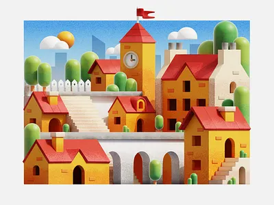Stylized Hillside Town - 3D Illustration 3d 3d illustration flat illustration hillside house illustration stylized town vibrant