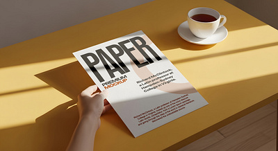 A4 Papern Mockup Hand Holding Cup Coffee Scene mockup with coffee