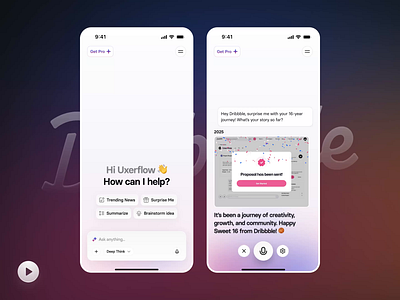 Dribbble Sweet 16: AI Creative Journey ai animation anniversary artificial intelligence birthday chat chatbot design dribbble graphic design journey mobile motion graphics sweet16 ui uidesign ux uxdesign uxerflow voice ai