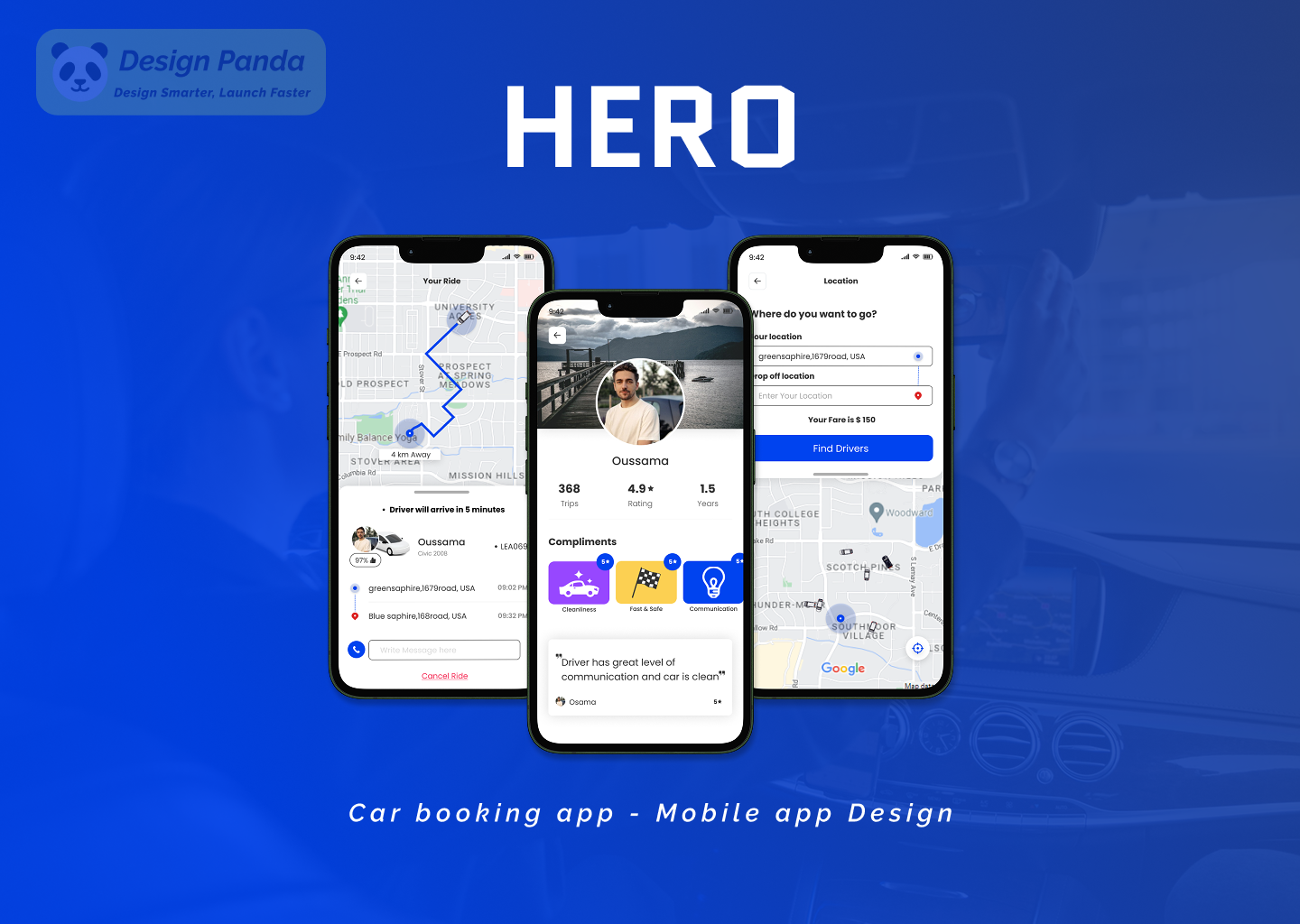Hero App - Mobile App Design - Car Booking App android app app design best booking branding car creative design graphic design illustration ios mobile app design modern prototype ui uxui design