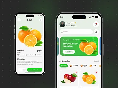 Grocery Mobile App UI/UX ai app cart ui checkout flow ecommerce app food grocery app ios minimal design mobile app mordern ui offer banner online shopping product details product page retail app shopping app smart buy super shop ui design uiux
