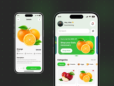 Grocery Mobile App UI/UX ai app cart ui checkout flow ecommerce app food grocery app ios minimal design mobile app mordern ui offer banner online shopping product details product page retail app shopping app smart buy super shop ui design uiux
