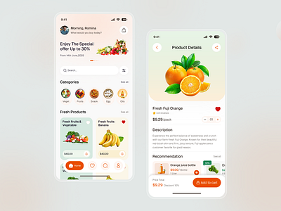 Grocery Mobile App cart ui checkout flow ecommerce app food food app grocery app ios minimal design mobile app modern ui offer banner online shopping product details product page retail app shopping app smart buy super shop ui design uiux