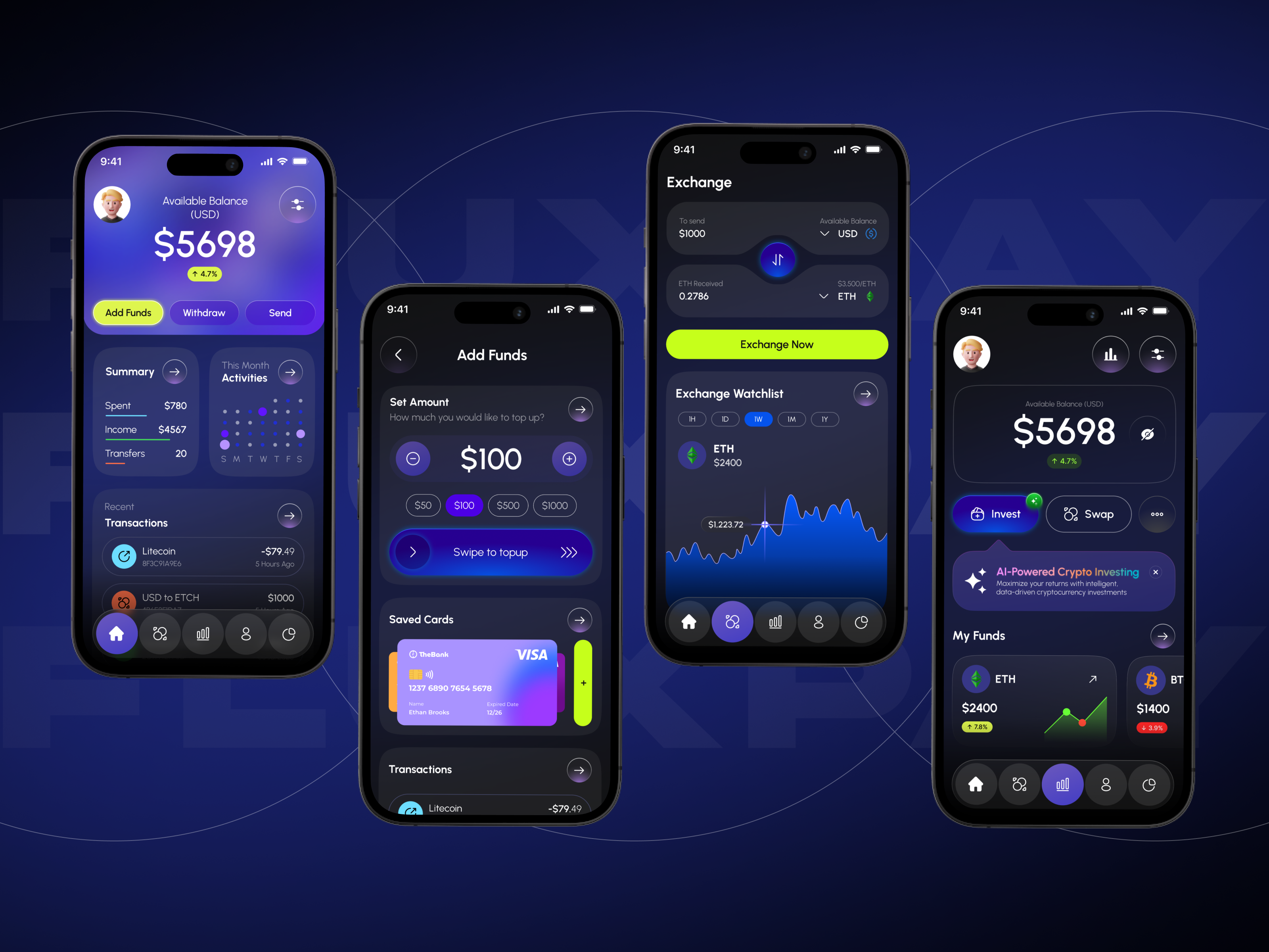 FluxPay - 🪙Crypto Wallet Powered By AI application design crypto crypto currency crypto wallet cryptocurrency app dark ui digital wallet finance fintech fintech app fintech app ui mobile app mobile app design modern ui trading trading app ui ux uiux design user interface wallet app
