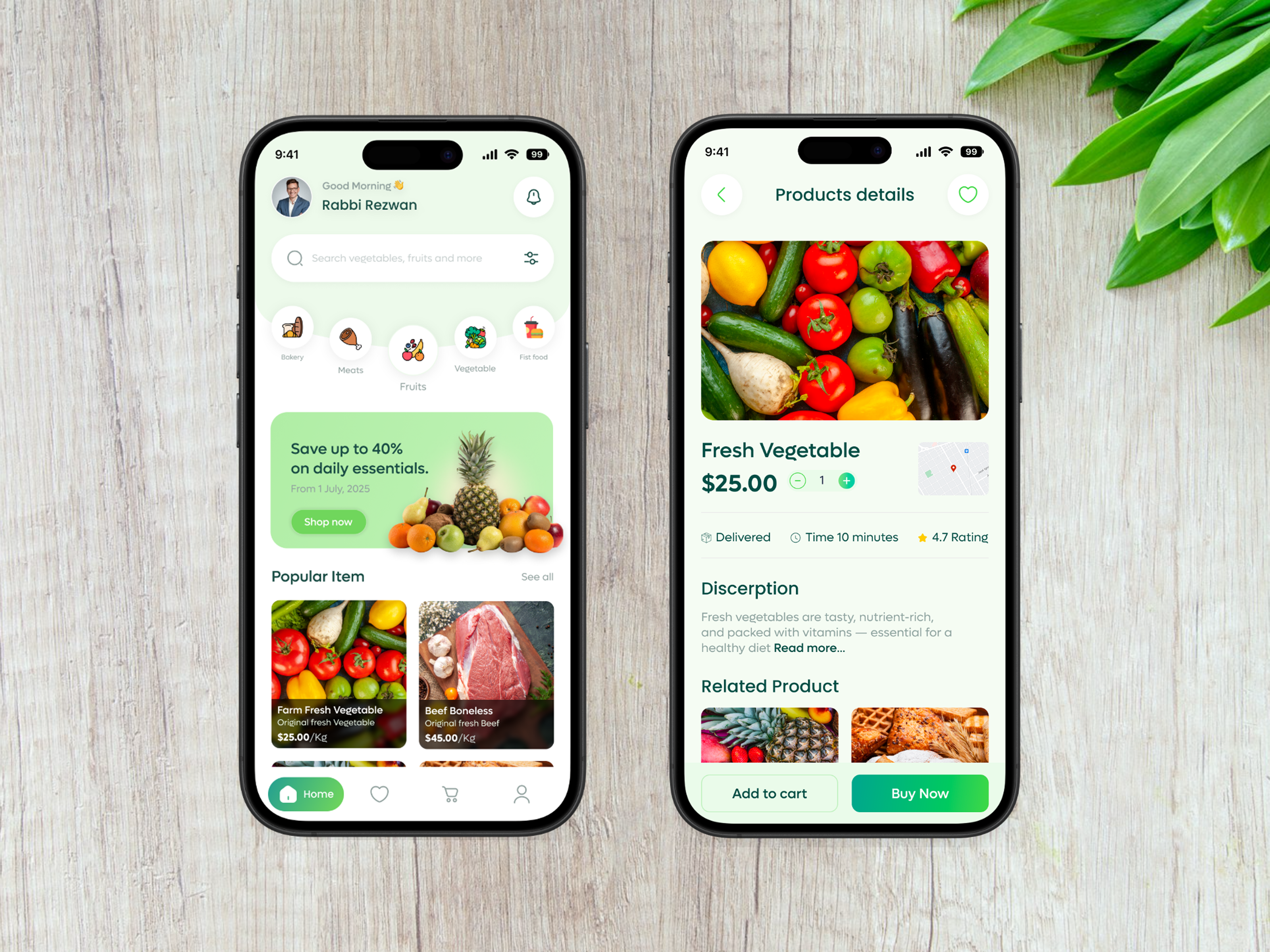 Modern - Grocery Mobile App UI/UX - Home & products details. ai app cart ui checkout flow ecommerce app food grocery app ios minimal design mobile app modern ui offer banner online shopping product details product page retail app shopping app smart buy super shop uidesign uiux