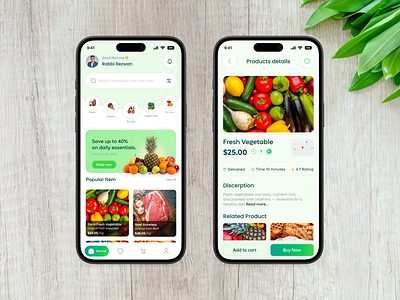 Modern - Grocery Mobile App UI/UX - Home & products details. ai app cart ui checkout flow ecommerce app food grocery app ios minimal design mobile app modern ui offer banner online shopping product details product page retail app shopping app smart buy super shop uidesign uiux