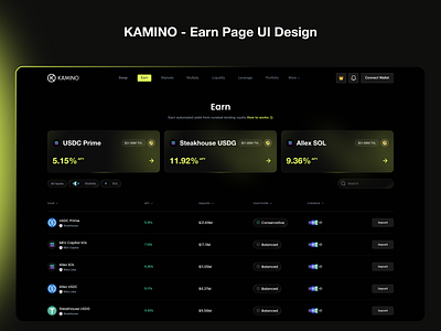KAMINO - Earn Page UI Design crypto crypto dashboard crypto dashboard design crypto earn page crypto invest crypto investment crypto investment platform dark earn earn page dashboard investment swap page trading