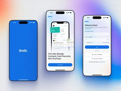 Brellr – Freelance Management App Design agency contractor app contracts dashboard direct client freelance management freelancer app login management app onboarding payroll remote work app salary sign in splash ui ui design uk contractor app design ux ui design welcome