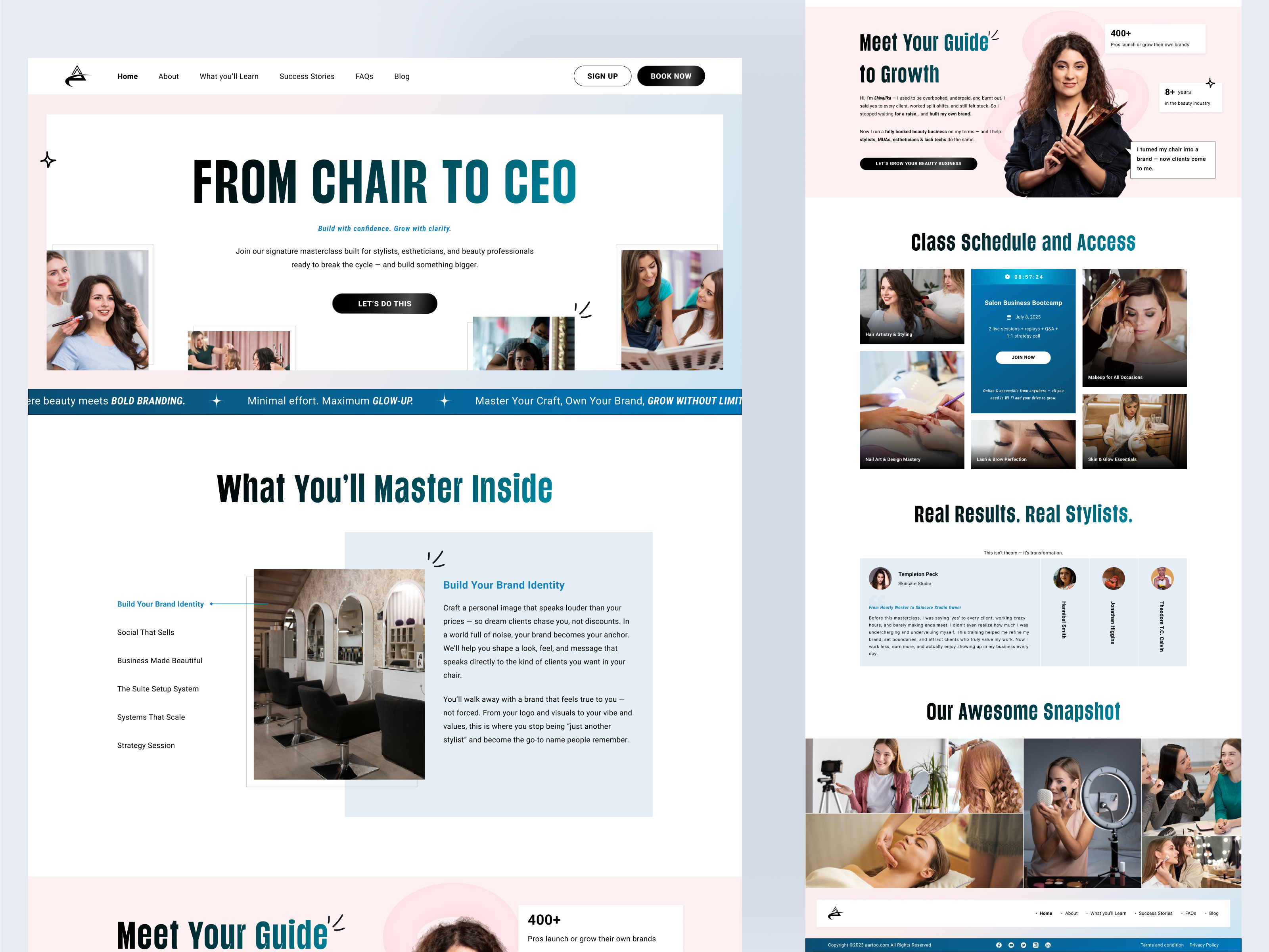 Saloon Masterclass Landing Page UI Design beautybranddesign courseplatformux femalefounders figmadesign landingpagedesign masterclassui salonwebsiteui uiuxinspiration