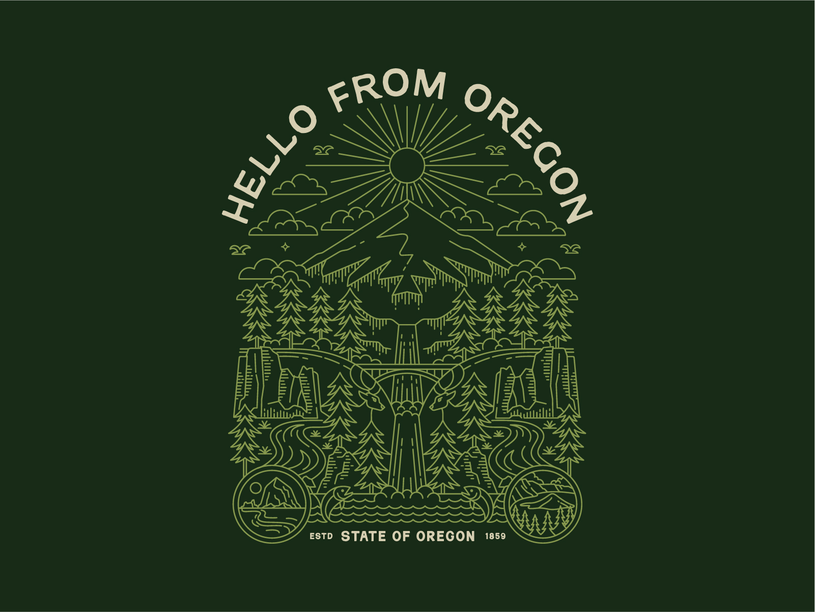 Hello From Oregon: Tee Illustration animals apparel apparel design badge branding graphic design illustration landscape line art line work mountain national park oregon outdoor outdoors brand portland t shirt tee design