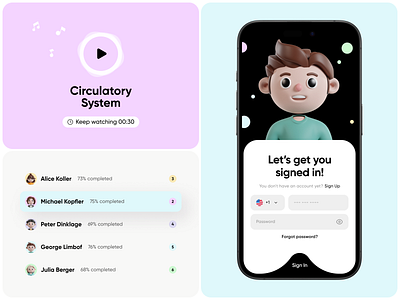 Kids Education App UI 3d avatar app app design app ui digital learning e learning ed tech educational app ios kids app kids app design leader board learning app learning platform mobile app mobile learning playful design product design sign in screen