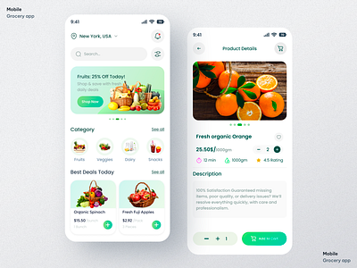 Grocery Mobile App UI/UX ai app cart ui checkout flow ecommerce app food grocery app ios minimal design mobile app modern ui offer banner online shopping product details product page retail app shopping app smart buy super shop ui design uiux