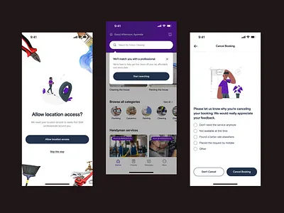 Skillr android app app design app screens booking app cleaning services dark mode digital product handyman services home services ios app location based mobile app on demand service professional finder prototyping service app uiux design user experience user interface wireframe