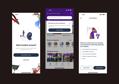 Skillr android app app design app screens booking app cleaning services dark mode digital product handyman services home services ios app location based mobile app on demand service professional finder prototyping service app uiux design user experience user interface wireframe