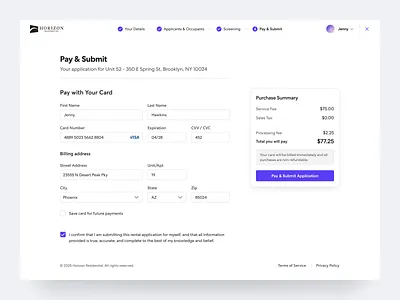 Payment Screen - Rental Application Form card dashboard form housing portal leasing listing mobile app payment property management software real estate resident portal saas software steps ui ux design web app web design