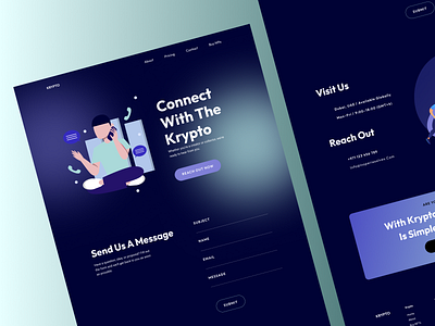 Krypto – NFT Marketplace Contact Us Page UI appdesign branding cleanui creativedesign dailyui darkmode digitaldesign dribbbleweeklywarmup figma graphic design interactiondesign interface landingpage minimaldesign productdesign uidesign uiux uxdesign visualdesign webdesign