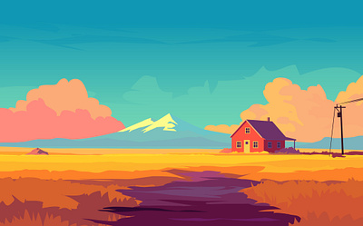 Sunset of the Peaceful house evening america art countryside farm flat illustration house illustration lonely house mountains peacefull reasl estate sky vector village west
